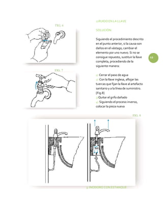 2)RUIDO EN LA LLAVE
SOLUCIÓN:
FIG. 7
Siguiendo el procedimiento descrito
en el punto anterior, si la causa son
daños en el vástago, cambiar el
elemento por uno nuevo. Si no se
consigue repuesto, sustituir la llave 12
completa, procediendo de la
siguiente manera:
1) Cerrar el paso de agua
2) Con la llave inglesa, aflojar las
tuercas que fijan la llave al artefacto
sanitario y a la línea de suministro.
[Fig.8]
3)Quitar el grifo dañado
4) Siguiendo el proceso inverso,
colocar la pieza nueva
FIG. 8
3. INODORO CON ESTANQUE
 