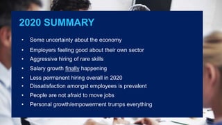 2020 SUMMARY
• Personal growth/empowerment trumps everything
• Some uncertainty about the economy
• Employers feeling good about their own sector
• Aggressive hiring of rare skills
• Salary growth finally happening
• Less permanent hiring overall in 2020
• Dissatisfaction amongst employees is prevalent
• People are not afraid to move jobs
 