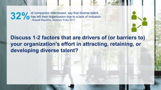 Discuss 1-2 factors that are drivers of (or barriers to)
your organization's effort in attracting, retaining, or
developing diverse talent?
of companies interviewed, say that diverse talent
has left their organization due to a lack of inclusion.
- Russell Reynolds, Diversity Pulse 2017
32%
 
