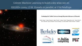 Celeste: Machine Learning to build a sky atlas ran on
650,000+ cores, 1.3 M. threads in parallel, at 1.54 Petaﬂops
 