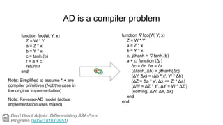 AD is a compiler problem
function foo(W, Y, x)
Z = W * Y
a = Z * x
b = Y * x
c = tanh.(b)
r = a + c
return r
end
function ∇foo(W, Y, x)
Z = W * Y
a = Z * x
b = Y * x
c, 𝒥thanh = ∇tanh.(b)
a + c, function (Δr)
Δc = Δr, Δa = Δr
(Δtanh, Δb) = 𝒥thanh(Δc)
(ΔY, Δx) = (Δb * x', Y' * Δb)
(ΔZ = Δa * x', Δx += Z' * Δa)
(ΔW = ΔZ * Y', ΔY = W * ΔZ')
(nothing, ΔW, ΔY, Δx)
end
end
Note: Simplified to assume *,+ are
compiler primitives (Not the case in
the original implementation)
Note: Reverse-AD model (actual
implementation uses mixed)
Don't Unroll Adjoint: Differentiating SSA-Form
Programs (arXiv:1810.07951)
 