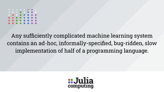 Any sufﬁciently complicated machine learning system
contains an ad-hoc, informally-speciﬁed, bug-ridden, slow
implementation of half of a programming language.
 