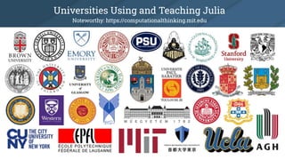 Universities Using and Teaching Julia
Noteworthy: https://computationalthinking.mit.edu
 