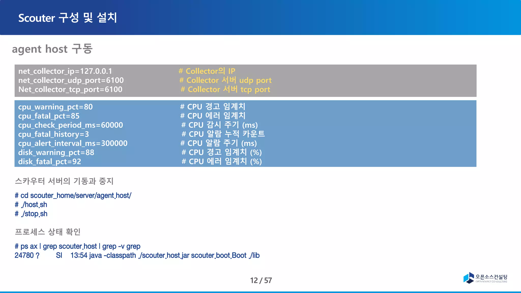 net_collector_ip=127.0.0.1 # Collector의 IP
net_collector_udp_port=6100 # Collector 서버 udp port
Net_collector_tcp_port=6100 # Collector 서버 tcp port
cpu_warning_pct=80 # CPU 경고 임계치
cpu_fatal_pct=85 # CPU 에러 임계치
cpu_check_period_ms=60000 # CPU 감시 주기 (ms)
cpu_fatal_history=3 # CPU 알람 누적 카운트
cpu_alert_interval_ms=300000 # CPU 알람 주기 (ms)
disk_warning_pct=88 # CPU 경고 임계치 (%)
disk_fatal_pct=92 # CPU 에러 임계치 (%)
스카우터 서버의 기동과 중지
# cd scouter_home/server/agent.host/
# ./host.sh
# ./stop.sh
프로세스 상태 확인
# ps ax | grep scouter.host | grep -v grep
24780 ? Sl 13:54 java -classpath ./scouter.host.jar scouter.boot.Boot ./lib
 