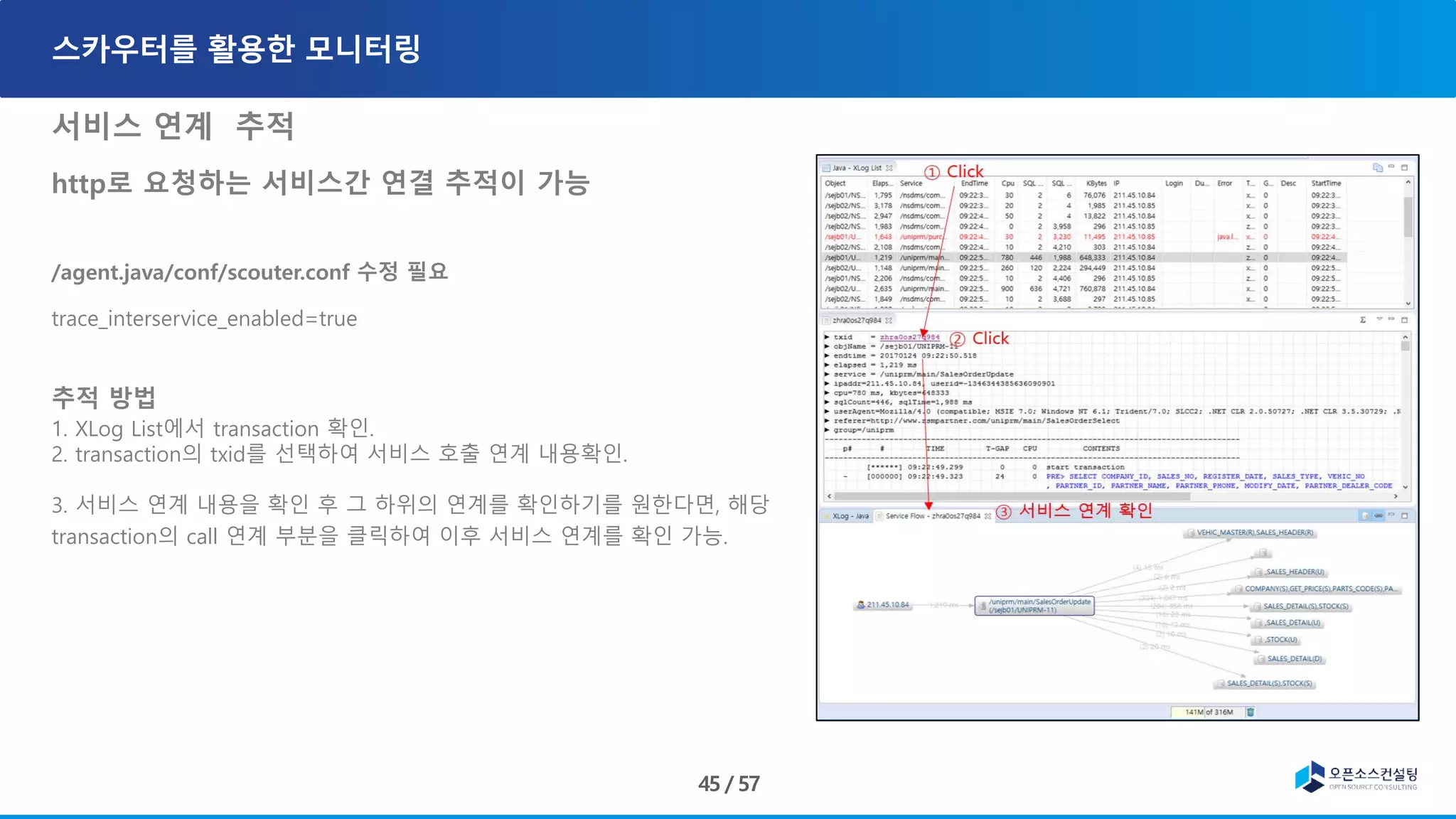 서비스 연계 추적
http로 요청하는 서비스간 연결 추적이 가능
/agent.java/conf/scouter.conf 수정 필요
trace_interservice_enabled=true
추적 방법
1. XLog List에서 transaction 확인.
2. transaction의 txid를 선택하여 서비스 호출 연계 내용확인.
3. 서비스 연계 내용을 확인 후 그 하위의 연계를 확인하기를 원한다면, 해당
transaction의 call 연계 부분을 클릭하여 이후 서비스 연계를 확인 가능.
 