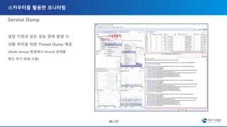 Service Dump
응답 지연과 같은 성능 장애 발생 시
상황 파악을 위한 Thread Dump 제공
(Multi thread 환경에서 thread 상태를
확인 하기 위해 사용)
 