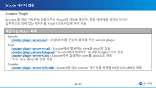 Scouter Plugin
Scouter 를 확장 가능하게 만들어주는 Plugin의 기능을 통하여, 특정 데이터를 선처리 하거나
업무적으로 의미 있는 데이터를 Xlog나 프로파일에 추가 가능
제공되는 Plugin 목록
Sample
scouter-plugin-server-null : 수집데이터를 단순히 출력해 주는 sample plugin
Alert
scouter-plugin-server-email : Scouter에서 발생하는 alert를 email로 전송
scouter-plugin-server-telegram : Scouter에서 발생하는 alert를 telegram으로 전송
scouter-plugin-server-slack : Scouter에서 발생하는 alert를 slack으로 전송
그 외 line, dingtalk 연동 가능
Counter
scouter-plugin-server-influxdb : Scouter의 성능 counter 데이터를 시계열 DB인 influxDB로 연동
 