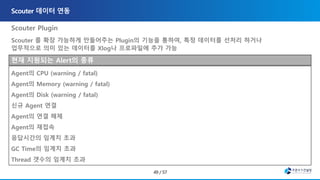 Scouter Plugin
Scouter 를 확장 가능하게 만들어주는 Plugin의 기능을 통하여, 특정 데이터를 선처리 하거나
업무적으로 의미 있는 데이터를 Xlog나 프로파일에 추가 가능
현재 지원되는 Alert의 종류
Agent의 CPU (warning / fatal)
Agent의 Memory (warning / fatal)
Agent의 Disk (warning / fatal)
신규 Agent 연결
Agent의 연결 해제
Agent의 재접속
응답시간의 임계치 초과
GC Time의 임계치 초과
Thread 갯수의 임계치 초과
 