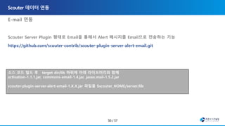 E-mail 연동
Scouter Server Plugin 형태로 Email을 통해서 Alert 메시지를 Email으로 전송하는 기능
https://github.com/scouter-contrib/scouter-plugin-server-alert-email.git
, ons-email-1.4.jar
• Javax.mail-1.5.2.jar
소스 코드 빌드 후 target dir/lib 하위에 아래 라이브러리와 함께
activation-1.1.1.jar, commons-email-1.4.jar, javax.mail-1.5.2.jar
scouter-plugin-server-alert-email-1.X.X.jar 파일을 $scouter_HOME/server/lib
 