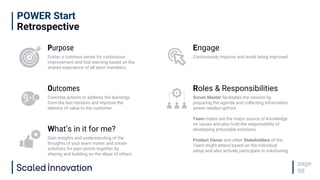 POWER Start
Retrospective
page
08
Purpose
Foster a common sense for continuous
improvement and fast learning based on the
shared experience of all team members.
Engage
Continuously improve and avoid being improved.
Outcomes
Concrete actions to address the learnings
from the last iteration and improve the
delivery of value to the customer.
Roles & Responsibilities
Scrum Master facilitates the session by
preparing the agenda and collecting information
where needed upfront.
Team mates are the major source of knowledge
on issues and also hold the responsibility of
developing actionable solutions.
Product Owner and other Stakeholders of the
Team might attend based on the individual
setup and also actively participate in solutioning.
What’s in it for me?
Gain insights and understanding of the
thoughts of your team mates and create
solutions for pain points together by
sharing and building on the ideas of others.
 