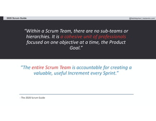 @fadistephan | kaizenko.com2020 Scrum Guide
“Within a Scrum Team, there are no sub-teams or
hierarchies. It is a cohesive unit of professionals
focused on one objective at a time, the Product
Goal.”
“The entire Scrum Team is accountable for creating a
valuable, useful Increment every Sprint.”
- The 2020 Scrum Guide
 