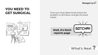 YOU NEED TO
GET SURGICAL Once you have determined where the
problem is, drill down and get the stack
traces.
Well, It's fetch
reports page
What's Next ?
 
