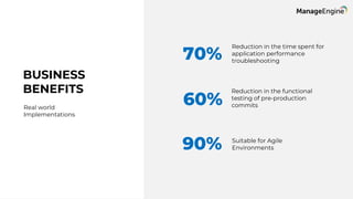 BUSINESS
BENEFITS
Real world
Implementations
Reduction in the time spent for
application performance
troubleshooting
Reduction in the functional
testing of pre-production
commits
Suitable for Agile
Environments
70%
60%
90%
 