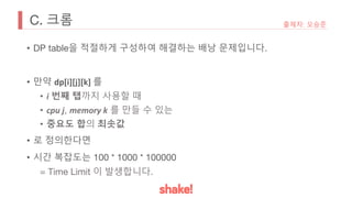 C. 크롬
• DP table을 적절하게 구성하여 해결하는 배낭 문제입니다.
• 만약 dp[i][j][k] 를
• i 번째 탭까지 사용할 때
• cpu j, memory k 를 만들 수 있는
• 중요도 합의 최솟값
• 로 정의한다면
• 시간 복잡도는 100 * 1000 * 100000
= Time Limit 이 발생합니다.
출제자: 오승준
 