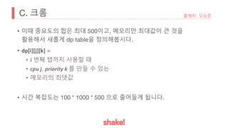 C. 크롬
• 이때 중요도의 합은 최대 500이고, 메모리만 최대값이 큰 것을
활용해서 새롭게 dp table을 정의해봅시다.
• dp[i][j][k] =
• i 번째 탭까지 사용할 때
• cpu j, priority k 를 만들 수 있는
• 메모리의 최댓값
• 시간 복잡도는 100 * 1000 * 500 으로 줄어들게 됩니다.
출제자: 오승준
 