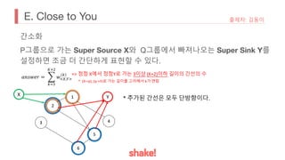 E. Close to You 출제자: 김동이
간소화
P그룹으로 가는 Super Source X와 Q그룹에서 빠져나오는 Super Sink Y를
설정하면 조금 더 간단하게 표현할 수 있다.
𝑎𝑛𝑠𝑤𝑒𝑟 = (
!"#
$%&
𝑤'(,*+
! => 정점 X에서 정점Y로 가는 3이상 (K+2)이하 길이의 간선의 수
* (X->p), (q->Y)로 가는 길이를 고려해서 k가 변함
X Y * 추가된 간선은 모두 단방향이다.
 