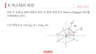 F. 미스테리 싸인 출제자: 김동이
이후 두 도형 A, B에 대해 K 개의 각 점에 대해 모두 Point in Polygon 쿼리를
수행해줘도 된다 .
시간 복잡도는 𝑂(𝐾 log: 𝑁 + 𝐾 log: 𝑀)
P
A
B
Q
-.
-/
 