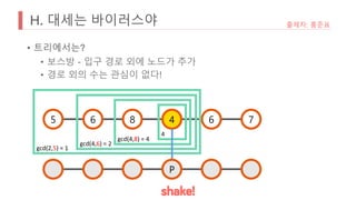 H. 대세는 바이러스야
• 트리에서는?
• 보스방 - 입구 경로 외에 노드가 추가
• 경로 외의 수는 관심이 없다!
출제자: 홍준표
5 6 8 6 7
4
4
gcd(4,8) = 4
gcd(4,6) = 2
gcd(2,5) = 1
P
 