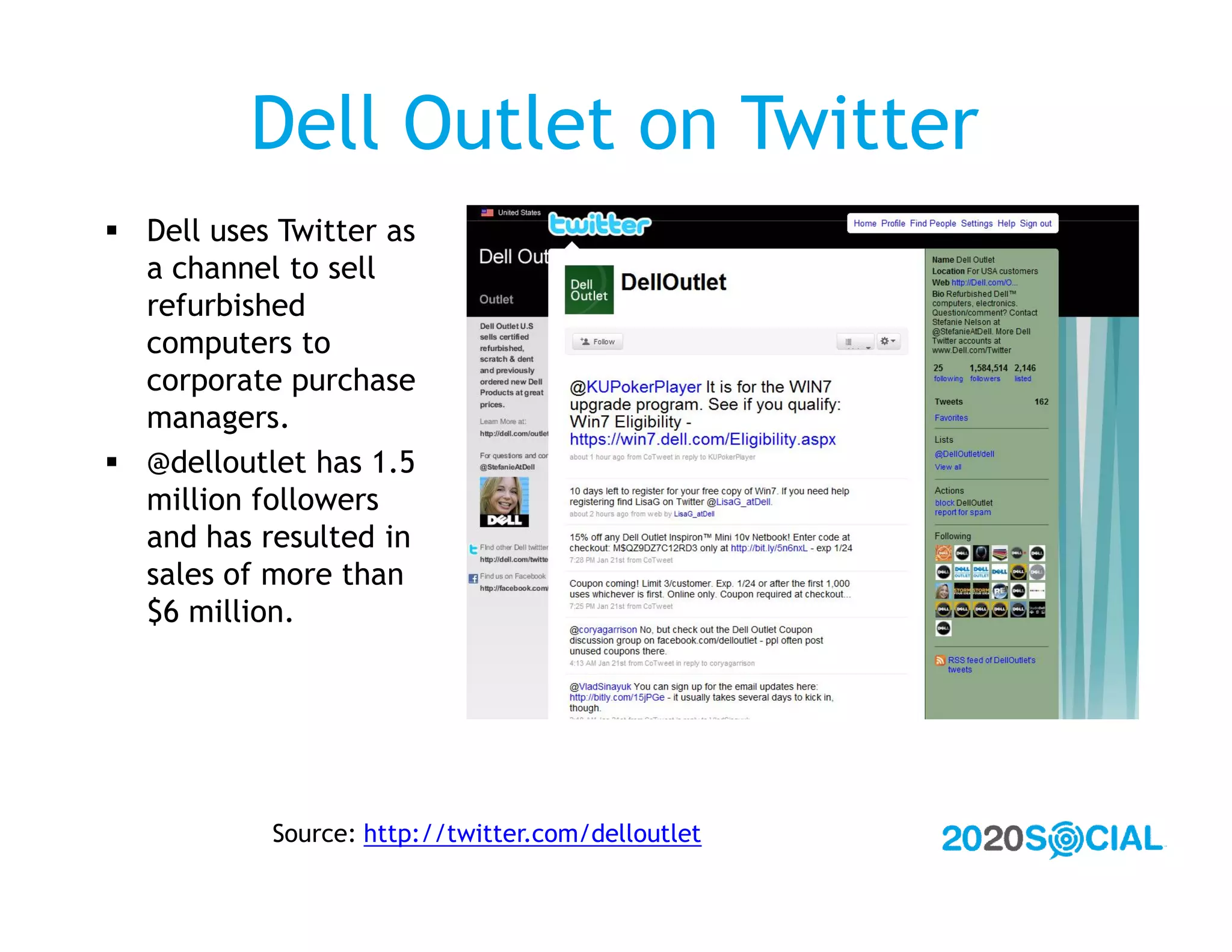 Dell Outlet on Twitter
 Dell uses Twitter as
  a channel to sell
  refurbished
  computers to
  corporate purchase
  managers.
 @delloutlet has 1.5
  million followers
  and has resulted in
  sales of more than
  $6 million.




           Source: http://twitter.com/delloutlet
 