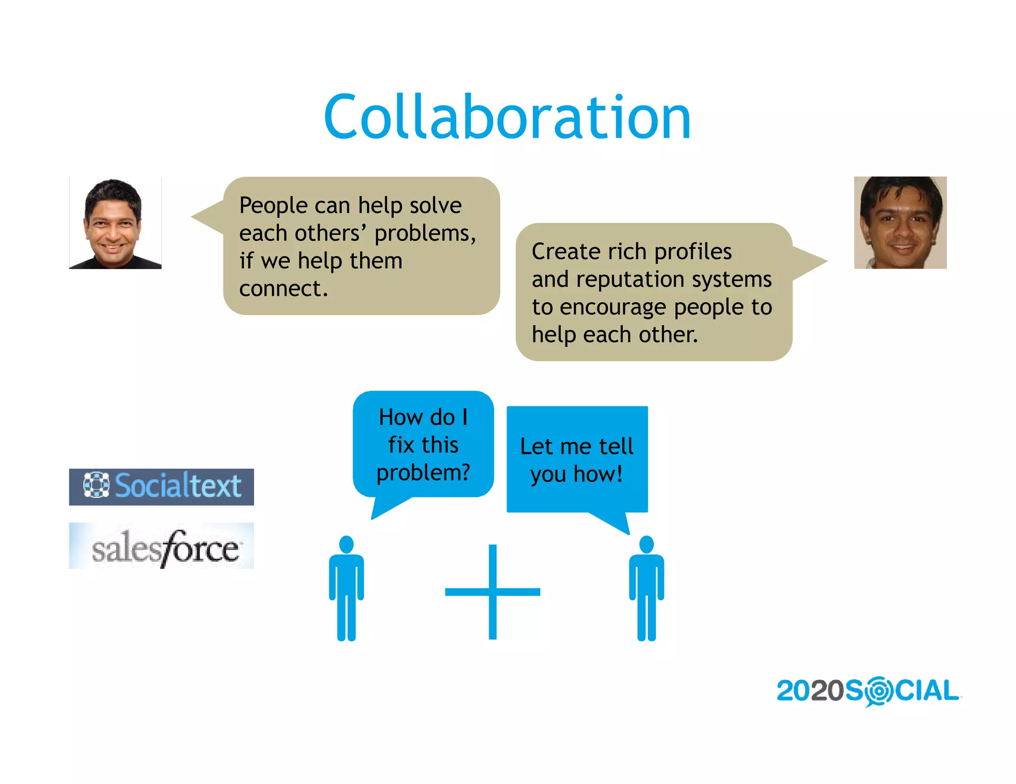 Collaboration
People can help solve
each others’ problems,
if we help them           Create rich profiles
connect.                  and reputation systems
                          to encourage people to
                          help each other.


            How do I
             fix this    Let me tell
            problem?      you how!




                              
 