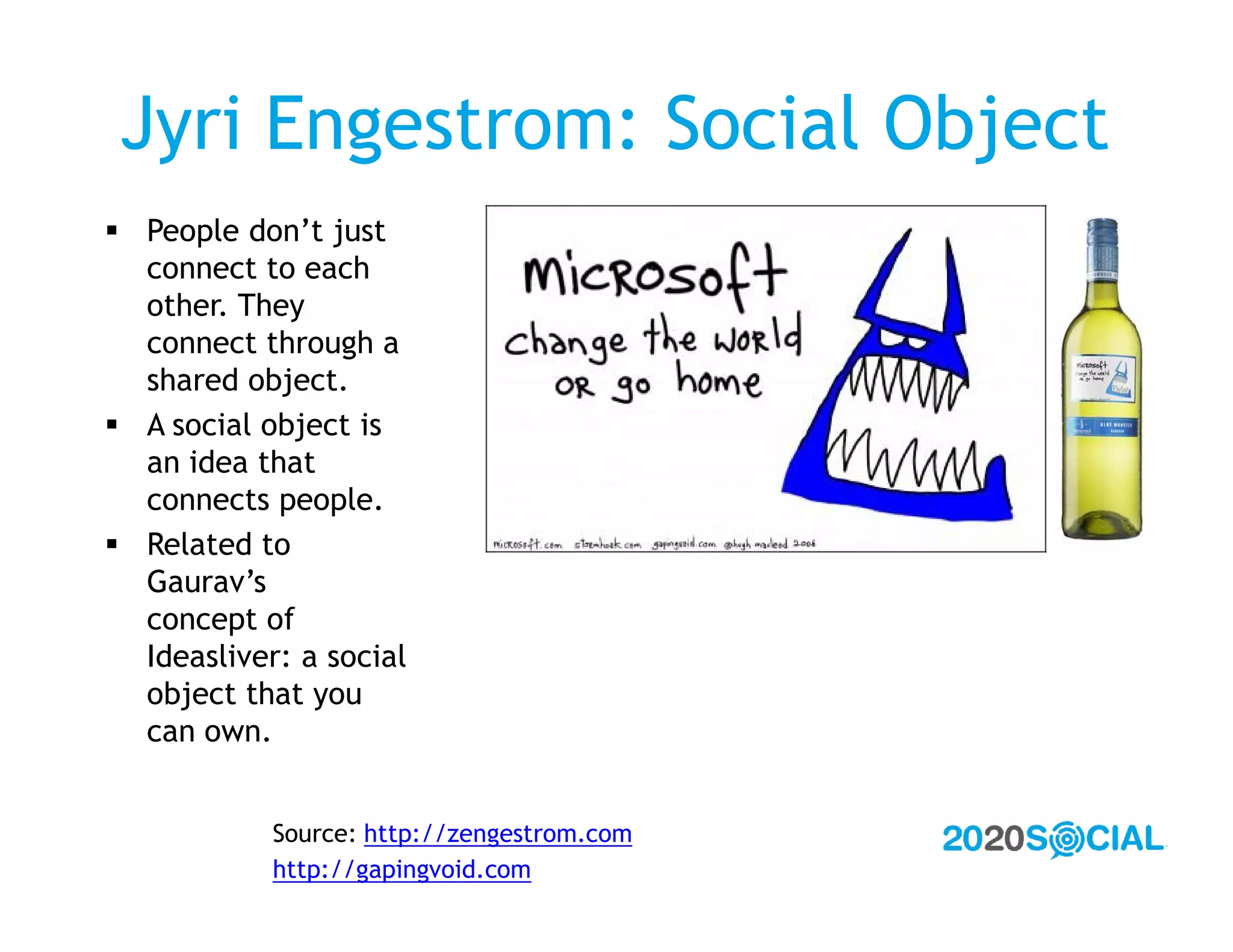 Jyri Engestrom: Social Object
 People don’t just
  connect to each
  other. They
  connect through a
  shared object.
 A social object is
  an idea that
  connects people.
 Related to
  Gaurav’s
  concept of
  Ideasliver: a social
  object that you
  can own.


            Source: http://zengestrom.com
            http://gapingvoid.com
 