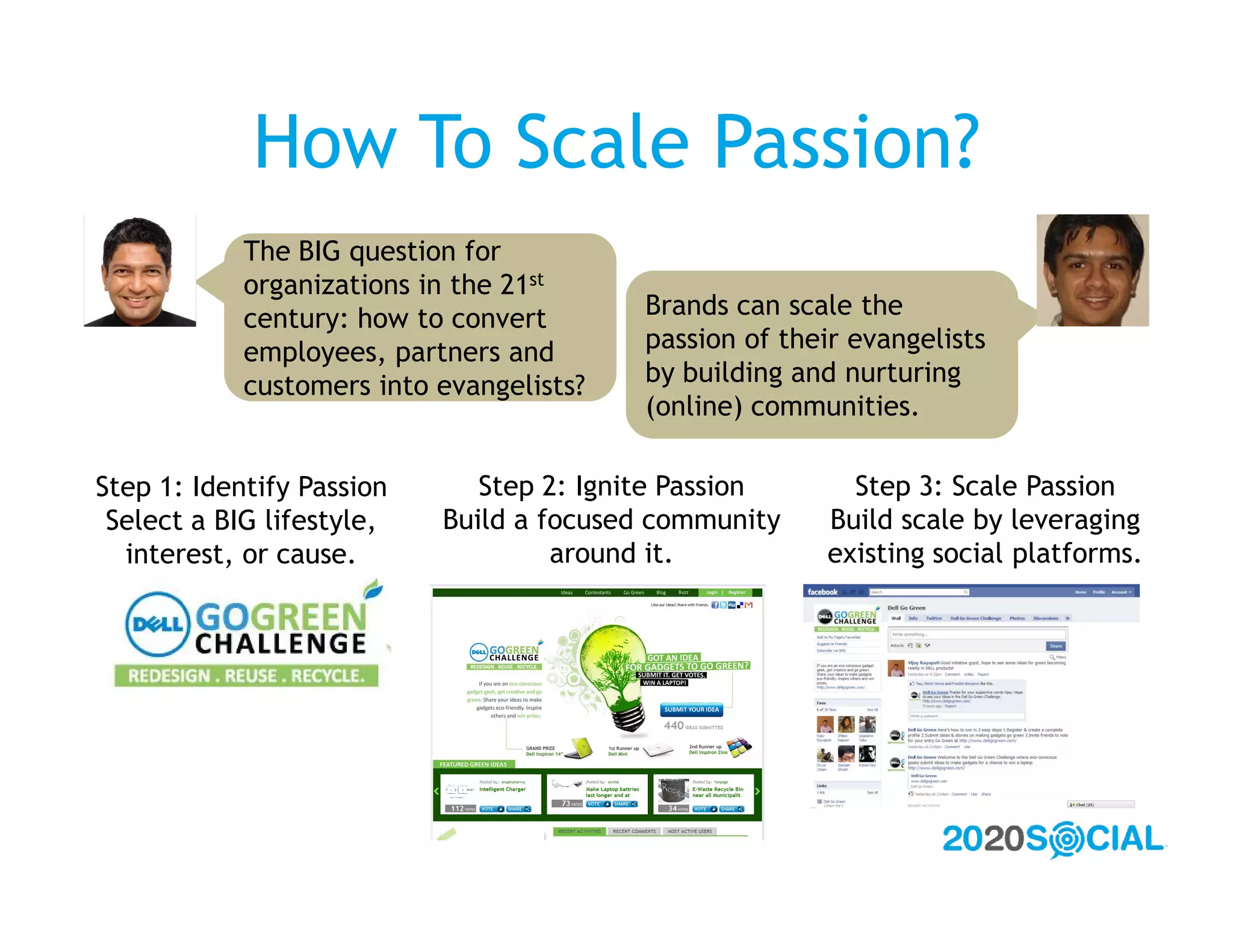 How To Scale Passion?
            The BIG question for
            organizations in the 21st
            century: how to convert       Brands can scale the
            employees, partners and       passion of their evangelists
            customers into evangelists?   by building and nurturing
                                          (online) communities.

Step 1: Identify Passion      Step 2: Ignite Passion      Step 3: Scale Passion
 Select a BIG lifestyle,   Build a focused community    Build scale by leveraging
  interest, or cause.               around it.          existing social platforms.
 