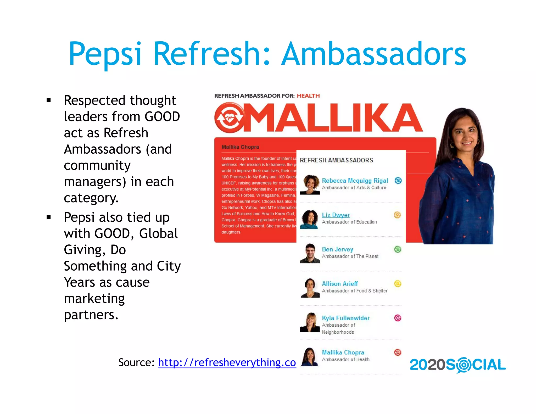 Pepsi Refresh: Ambassadors
 Respected thought
  leaders from GOOD
  act as Refresh
  Ambassadors (and
  community
  managers) in each
  category.
 Pepsi also tied up
  with GOOD, Global
  Giving, Do
  Something and City
  Years as cause
  marketing
  partners.


          Source: http://refresheverything.com
 
