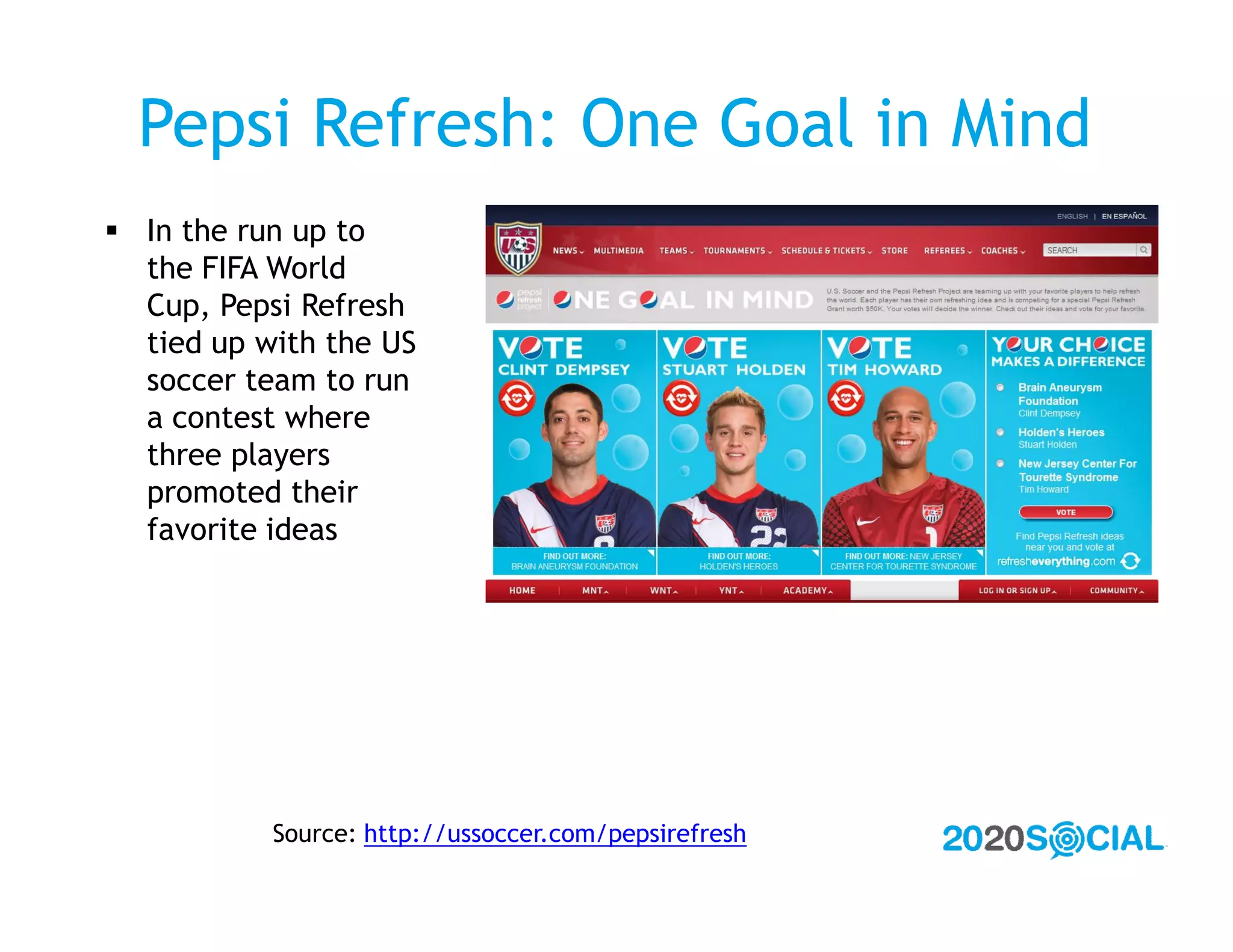 Pepsi Refresh: One Goal in Mind
 In the run up to
  the FIFA World
  Cup, Pepsi Refresh
  tied up with the US
  soccer team to run
  a contest where
  three players
  promoted their
  favorite ideas




           Source: http://ussoccer.com/pepsirefresh
 