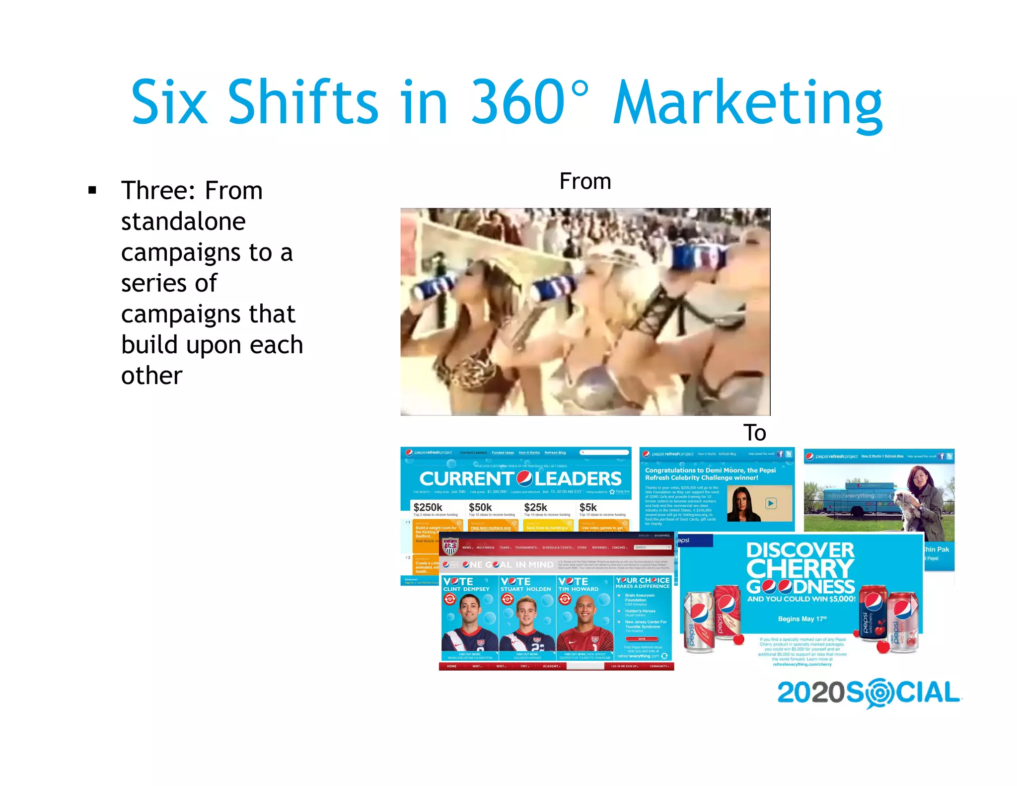 Six Shifts in 360° Marketing
 Three: From       From
  standalone
  campaigns to a
  series of
  campaigns that
  build upon each
  other

                           To
 