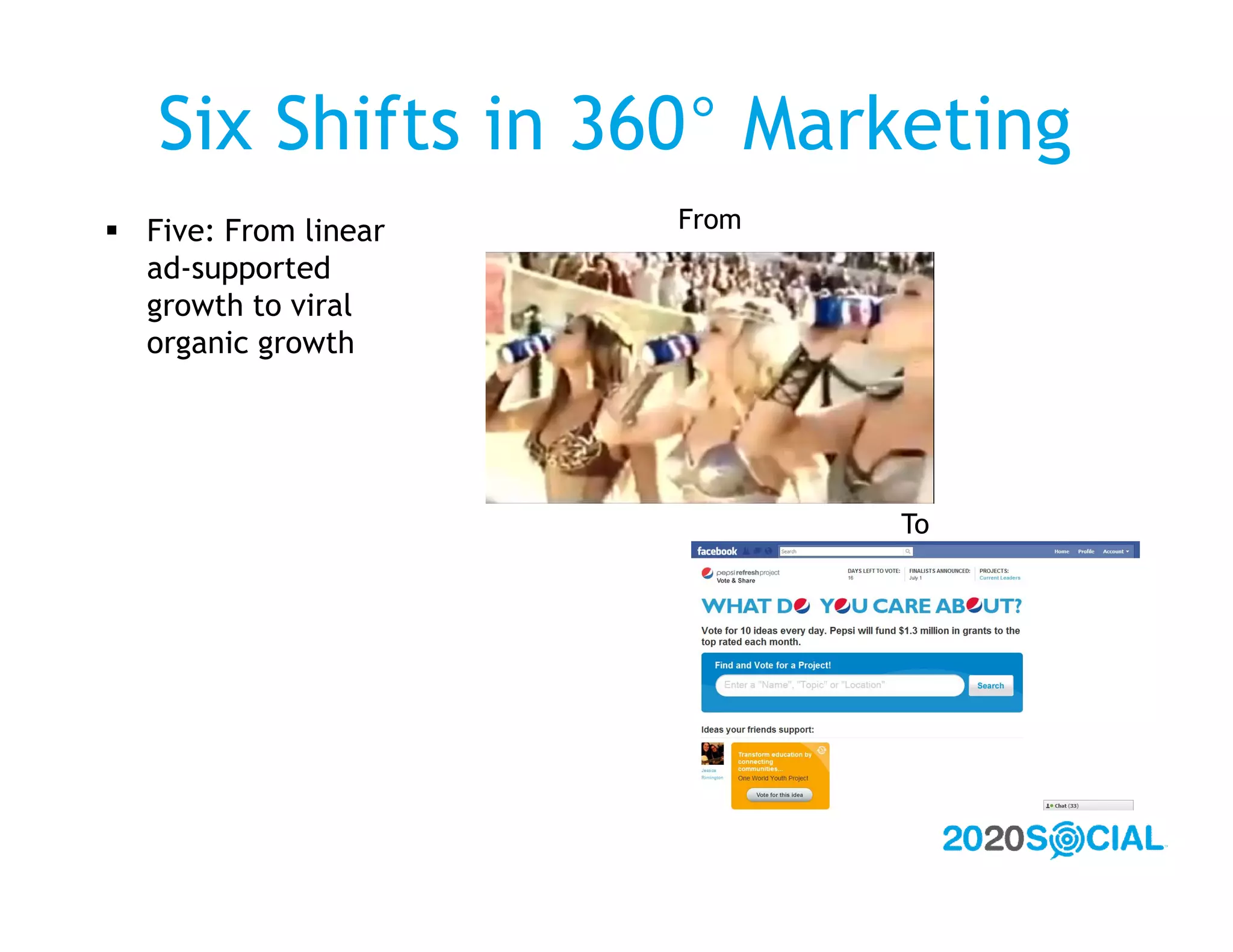 Six Shifts in 360° Marketing
 Five: From linear   From
  ad-supported
  growth to viral
  organic growth




                             To
 