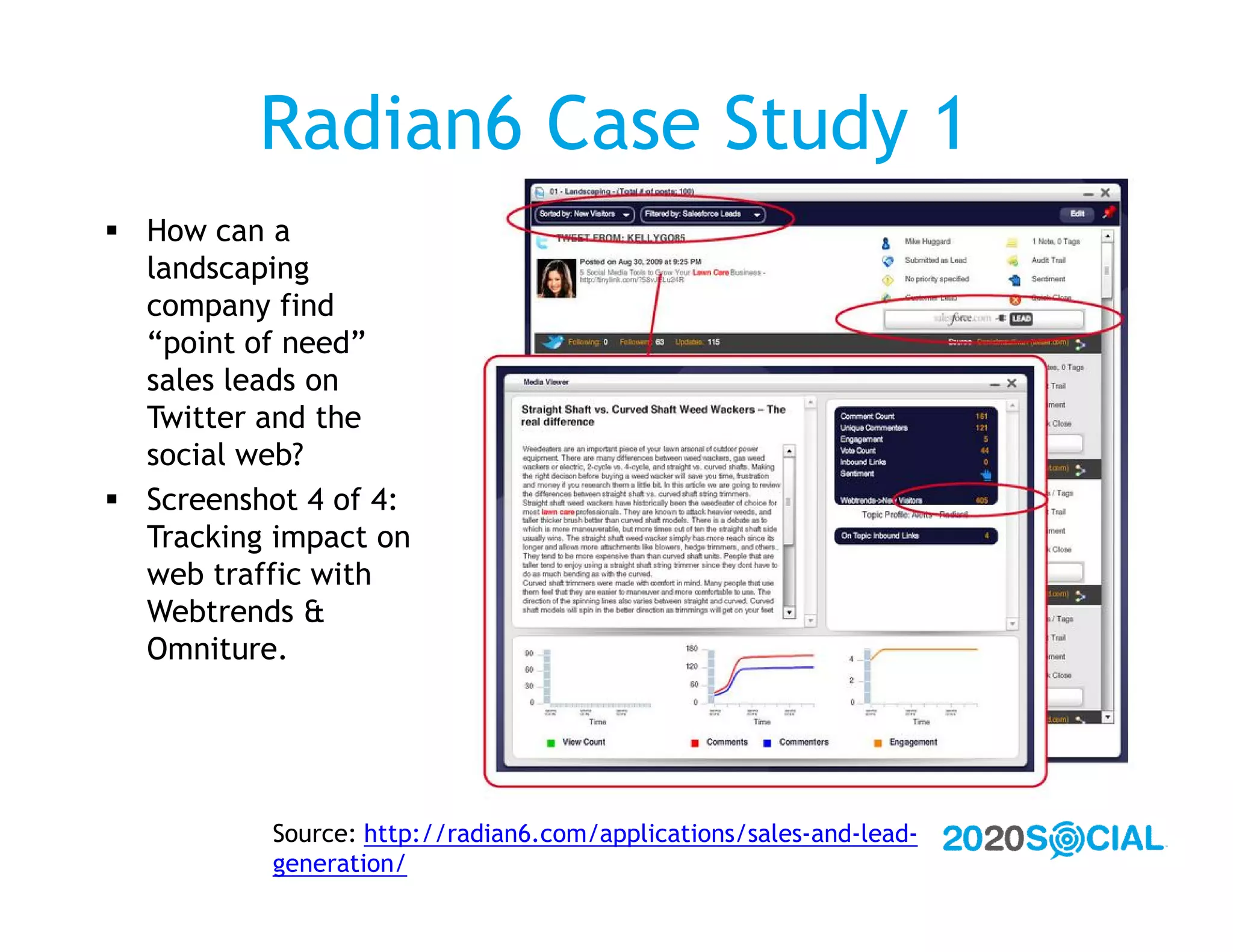 Radian6 Case Study 1
 How can a
  landscaping
  company find
  “point of need”
  sales leads on
  Twitter and the
  social web?
 Screenshot 4 of 4:
  Tracking impact on
  web traffic with
  Webtrends &
  Omniture.




          Source: http://radian6.com/applications/sales-and-lead-
          generation/
 