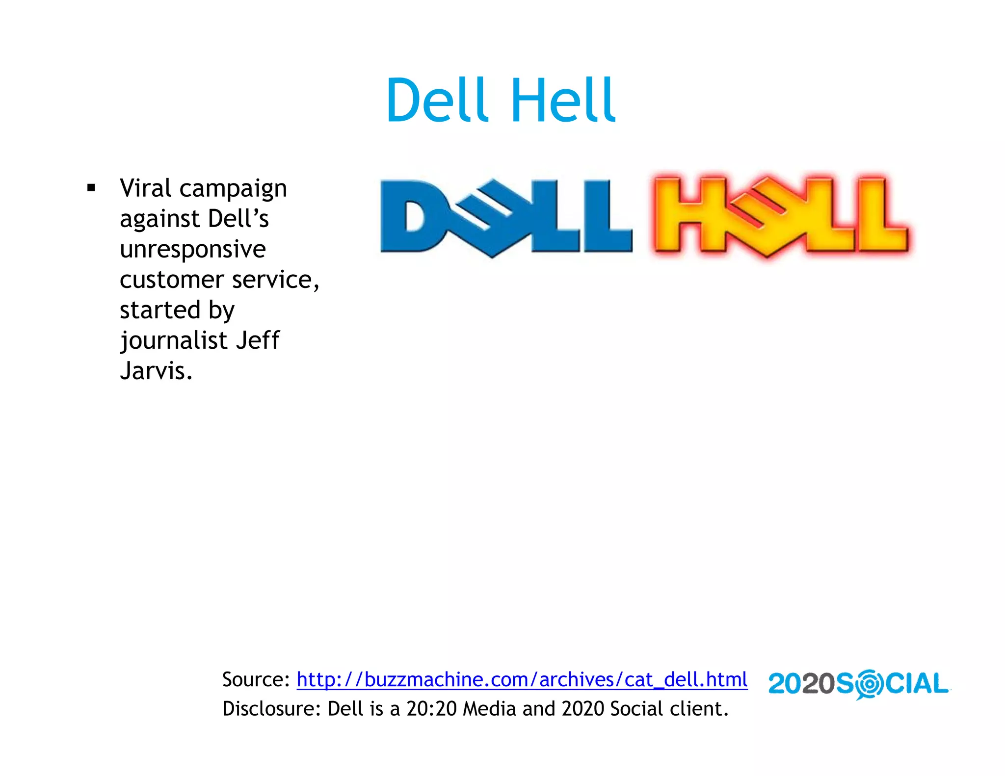 Dell Hell
 Viral campaign
  against Dell’s
  unresponsive
  customer service,
  started by
  journalist Jeff
  Jarvis.




           Source: http://buzzmachine.com/archives/cat_dell.html
           Disclosure: Dell is a 20:20 Media and 2020 Social client.
 