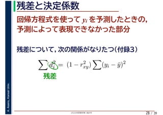2020年度春学期　統計学
A.Asano,KansaiUniv.
/ 3928
yi
d2
i = (1 − r2
xy) (yi − ¯y)2
 