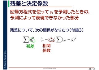 2020年度春学期　統計学
A.Asano,KansaiUniv.
/ 3928
yi
d2
i = (1 − r2
xy) (yi − ¯y)2
 