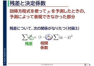 2020年度春学期　統計学
A.Asano,KansaiUniv.
/ 3928
yi
d2
i = (1 − r2
xy) (yi − ¯y)2
 