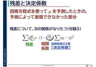 2020年度春学期　統計学
A.Asano,KansaiUniv.
/ 3928
yi
d2
i = (1 − r2
xy) (yi − ¯y)2
 