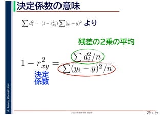 2020年度春学期　統計学
A.Asano,KansaiUniv.
/ 3929
d2
i = (1 − r2
xy) (yi − ¯y)2
1 − r2
xy =
d2
i /n
(yi − ¯y)2/n
 