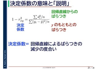 2020年度春学期　統計学
A.Asano,KansaiUniv.
/ 3931
1 − r2
xy =
d2
i /n
(yi − ¯y)2/n
y
 