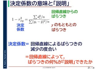 2020年度春学期　統計学
A.Asano,KansaiUniv.
/ 3931
1 − r2
xy =
d2
i /n
(yi − ¯y)2/n
y
 