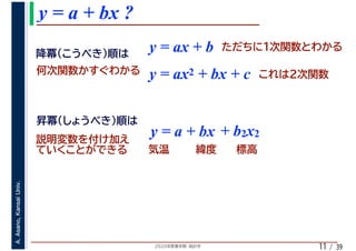 2020年度春学期　統計学
A.Asano,KansaiUniv.
/ 39
y = a + bx ?
11
y = ax + b
y = a + bx + b2x2
y = ax2 + bx + c
 