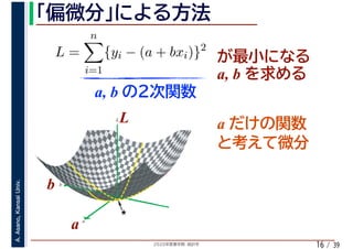 2020年度春学期　統計学
A.Asano,KansaiUniv.
/ 3916
L =
n
i=1
{yi − (a + bxi)}2
a, b
a, b
a
b
L
★
a
b
L a
 