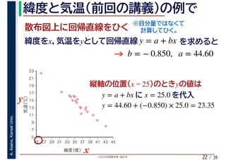 2020年度春学期　統計学
A.Asano,KansaiUniv.
/ 3922
x y y = a + bx
b = − 0.850, a = 44.60
x = 25 y
y = a + bx x = 25.0
%
%
%
%
%%%
%
%
%
%
%
%
%
%
%%
%
%
5
7
9
11
13
15
17
19
21
23
25 27 29 31 33 35 37 39 41 43 45
気温（℃）
緯度（度）x
y
y = 44.60 + (−0.850) × 25.0 = 23.35
 