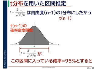 2020年度春学期　統計学
A.Asano,KansaiUniv.
/ 33
t
0
26
t =
¯X − µ
s2/n
t =
¯X − µ
s2/n
 