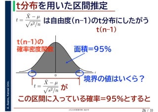 2020年度春学期　統計学
A.Asano,KansaiUniv.
/ 33
t
0
26
t =
¯X − µ
s2/n
t =
¯X − µ
s2/n
 
