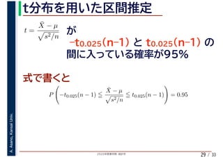 2020年度春学期　統計学
A.Asano,KansaiUniv.
/ 3329
t =
¯X − µ
s2/n
P −t0.025(n − 1)
¯X − µ
s2/n
t0.025(n − 1) = 0.95
 