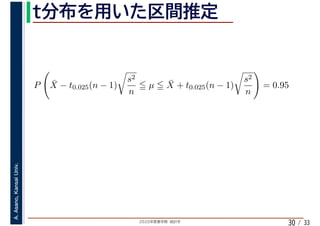 2020年度春学期　統計学
A.Asano,KansaiUniv.
/ 3330
P ¯X − t0.025(n − 1)
s2
n
µ ¯X + t0.025(n − 1)
s2
n
= 0.95
 