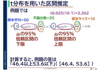 2020年度春学期　統計学
A.Asano,KansaiUniv.
/ 3332
P ¯X − t0.025(n − 1)
s2
n
µ ¯X + t0.025(n − 1)
s2
n
= 0.95
 