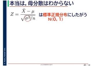2020年度春学期　統計学
A.Asano,KansaiUniv.
/ 3322
Z =
¯X − µ
σ2/n
 