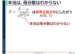 2020年度春学期　統計学
A.Asano,KansaiUniv.
/ 3322
Z =
¯X − µ
σ2/n
 