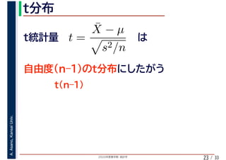 2020年度春学期　統計学
A.Asano,KansaiUniv.
/ 3323
t =
¯X − µ
s2/n
 